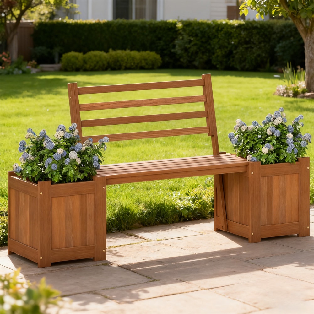Outdoor Wooden Bench With Planter Boxes Set For Garden Balcony_voghion.com